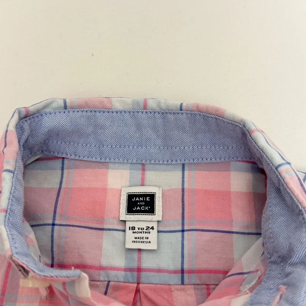 Janie and Jack Toddler Boys Pink Blue Plaid Button Down Shirt 18-24 Months